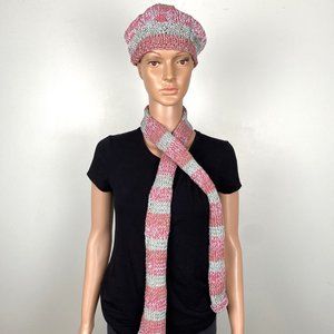 handmade hand knitted hat and scarf women's gray and pink